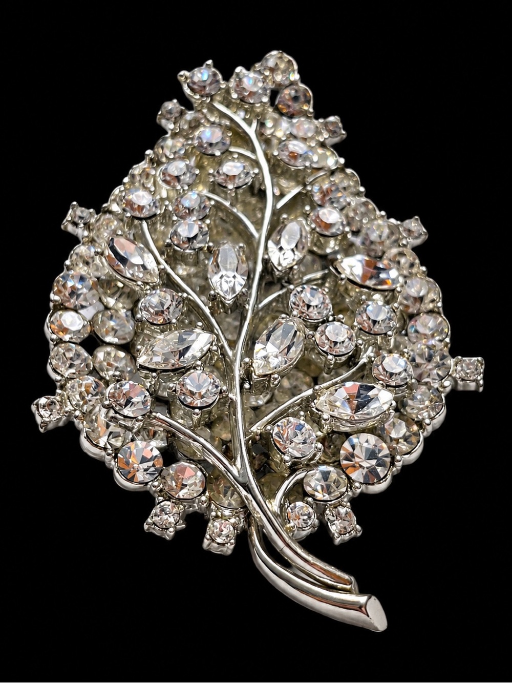 Vintage Vendome Rhinestone Leaf Brooch Silver Tone Dimensional Statement Pin